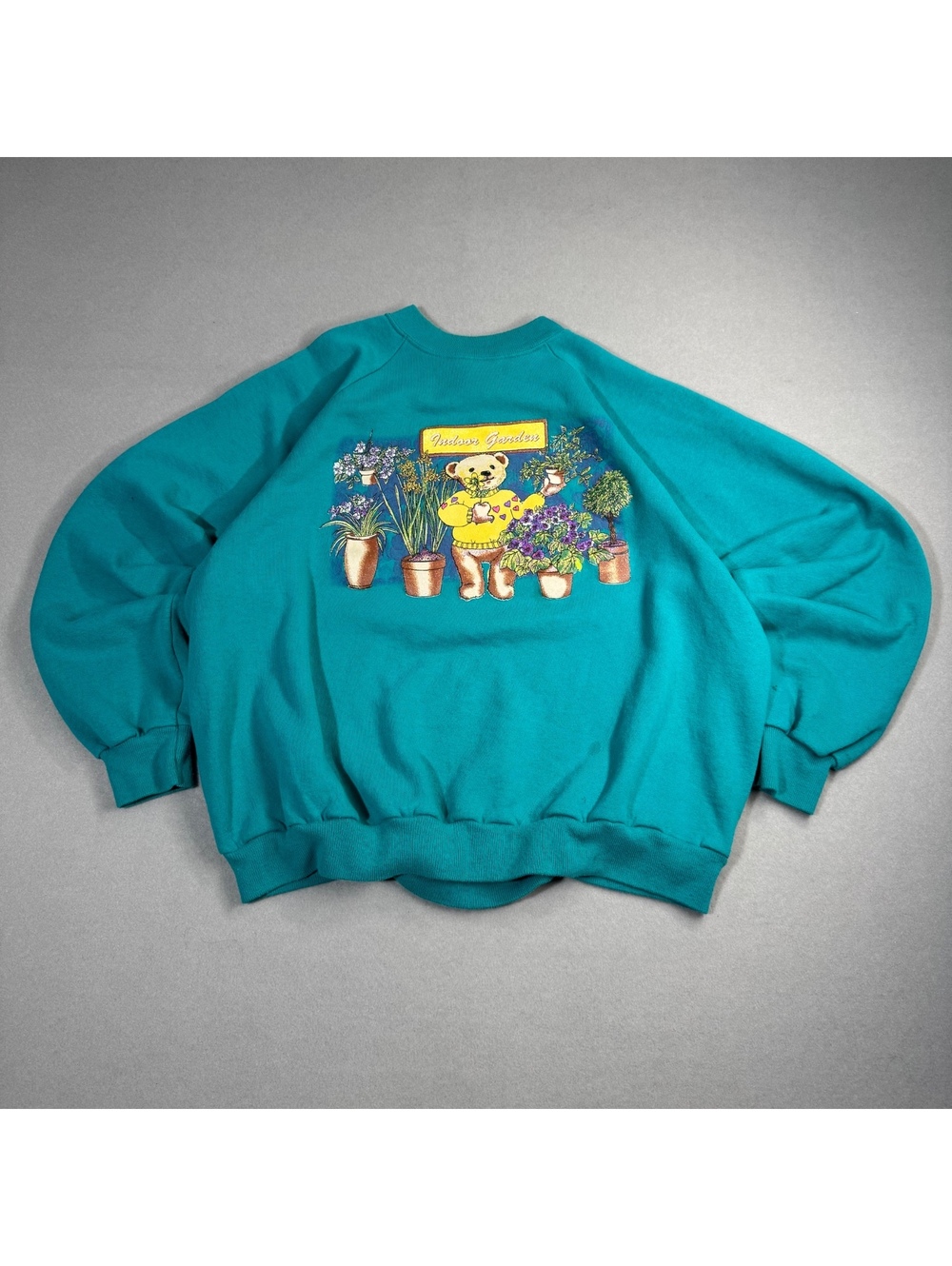 Vintage 90s Hanes Indoor Garden Teddy Bear Crewneck Sweatshirt XL Teal Glitter